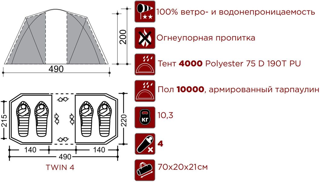Палатка Indiana Twin 4, Название цвета: Хаки, Размер: 4900х2200х2000, Количество мест: 4, Страна-производитель: КИТАЙ, изображение 4